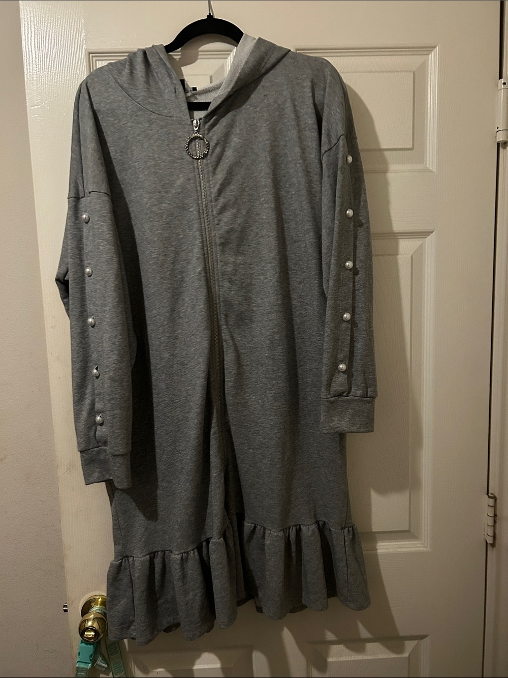 Gray Hooded Long Sleeve Dress with Pearl detail on sleeve